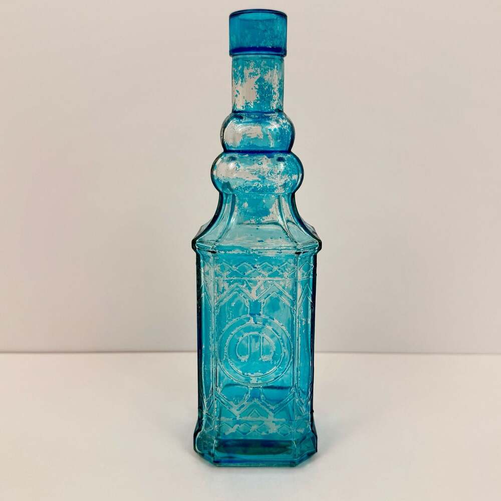 Teal Glass Apothecary Bottle, Decanter 9" Decorative Bottle, Embossed